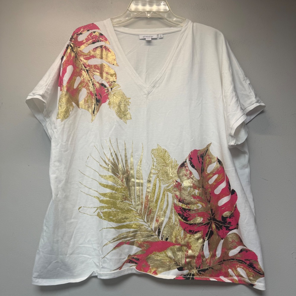 Chico's T-Shirt Women 3 XL White Excellent Tropical Gold Pink V-Neck Cotton